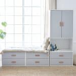 bench and cabinets white and grey