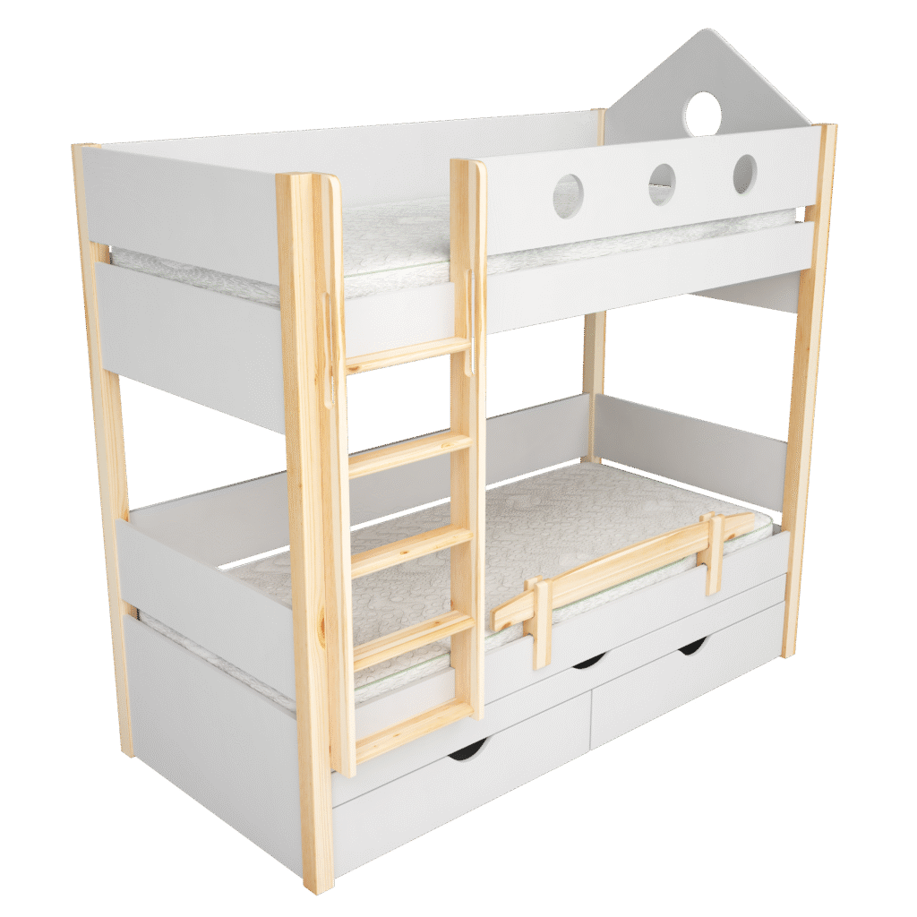 двуетажно легло с чекмеджета и допълнително сандвич легло в бяло и натурален масив