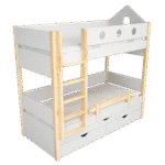 двуетажно легло с чекмеджета и допълнително сандвич легло в бяло и натурален масив