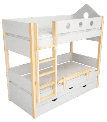 двуетажно легло с чекмеджета и допълнително сандвич легло в бяло и натурален масив