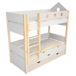 двуетажно легло с чекмеджета и сандвич легло в бяло, иглолистен масив и акцентен цвят