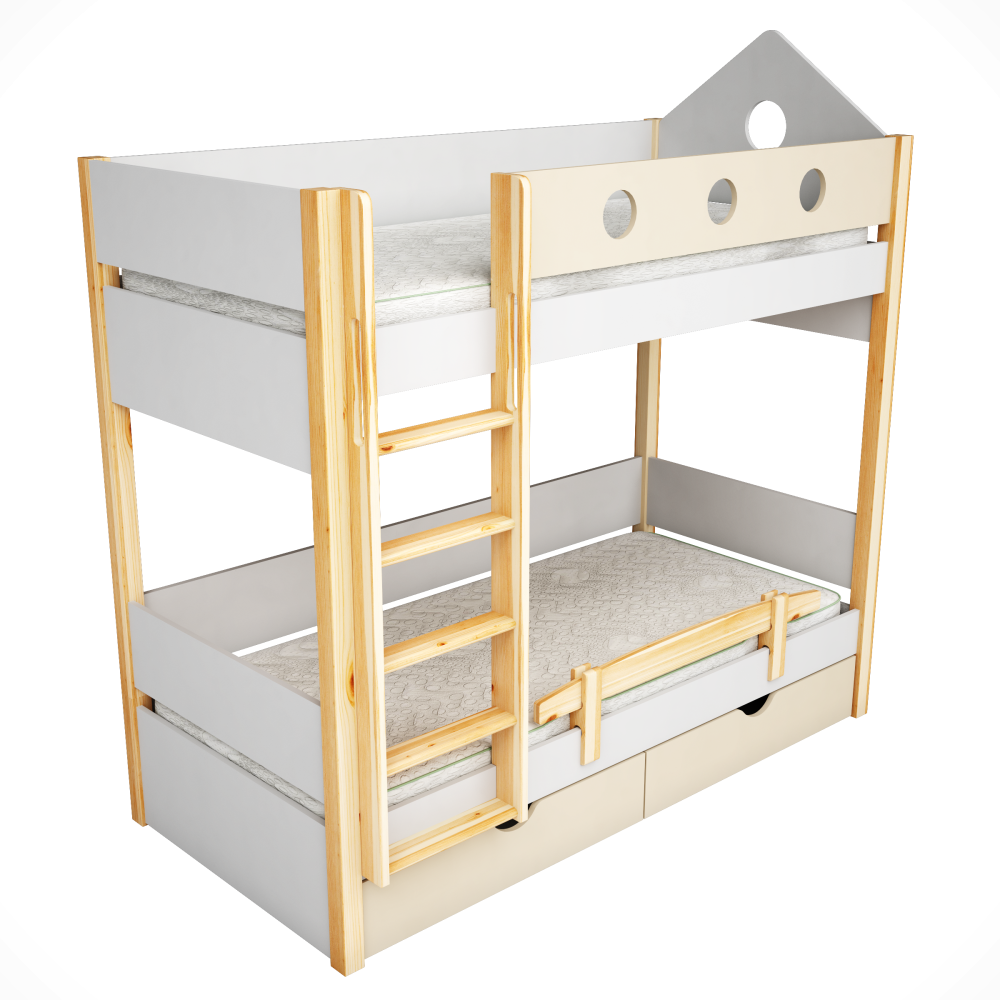 double bed white beige and natural wood