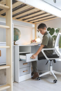 high bed with desk below