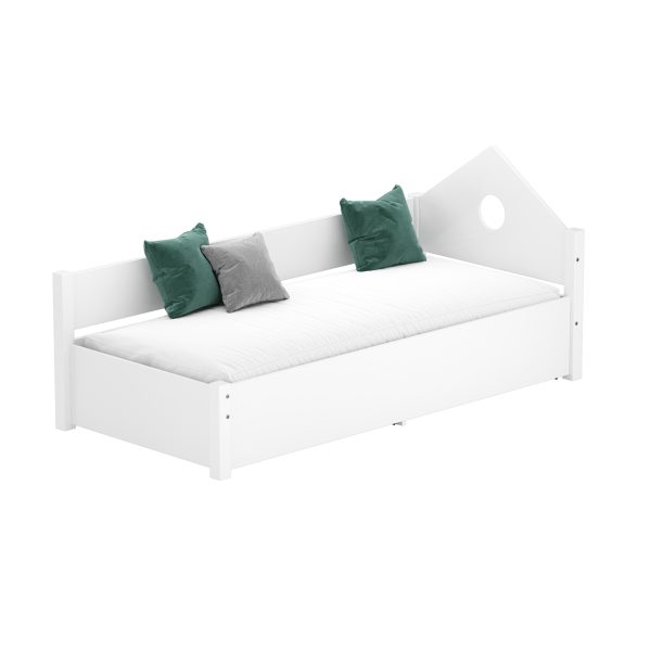 bed with lifting mechanism storage below the mattress all in white