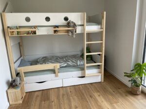 bunk bed, children double bed with drawers and ladder in white and massive wood