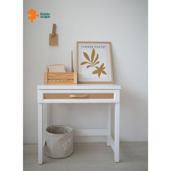 boho desk massive wood rattan and white one drawer