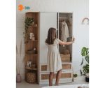 boho style two-wing wardrobe white natural wood and rattan