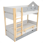 двуетажно легло с чекмеджета масив, бяло и акцентен цвят светло сиво