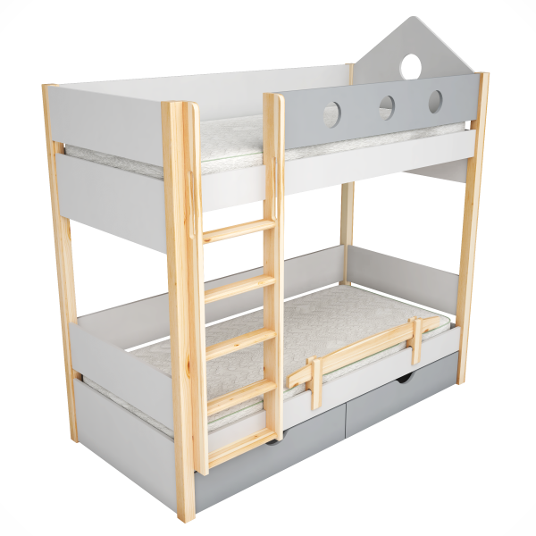 двуетажно легло с чекмеджета масив, бяло и акцентен цвят светло сиво