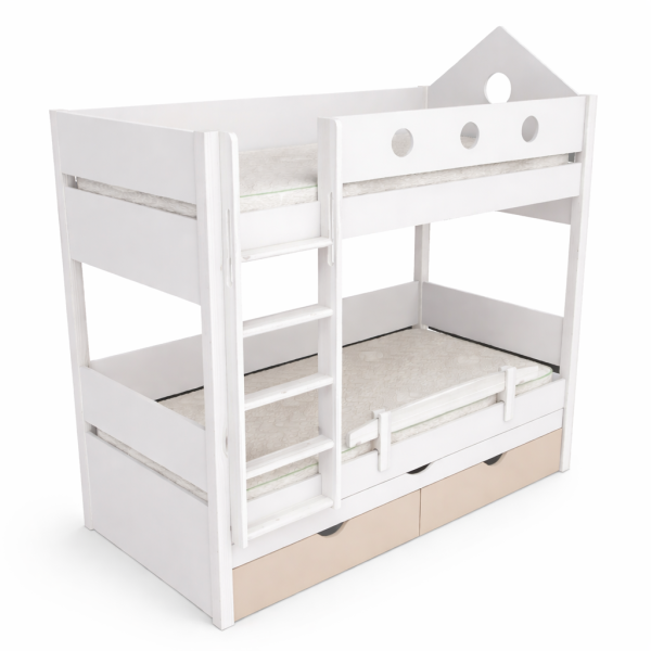 двуетажно легло с чекмеджета и сандвич легло в бяло и акцентен цвят