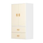 модул за съхранение 5 с бял корпус и мдф лице в бежово с дървени дръжки