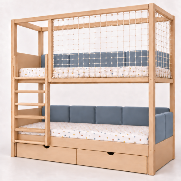 bunk upholstered bed with net
